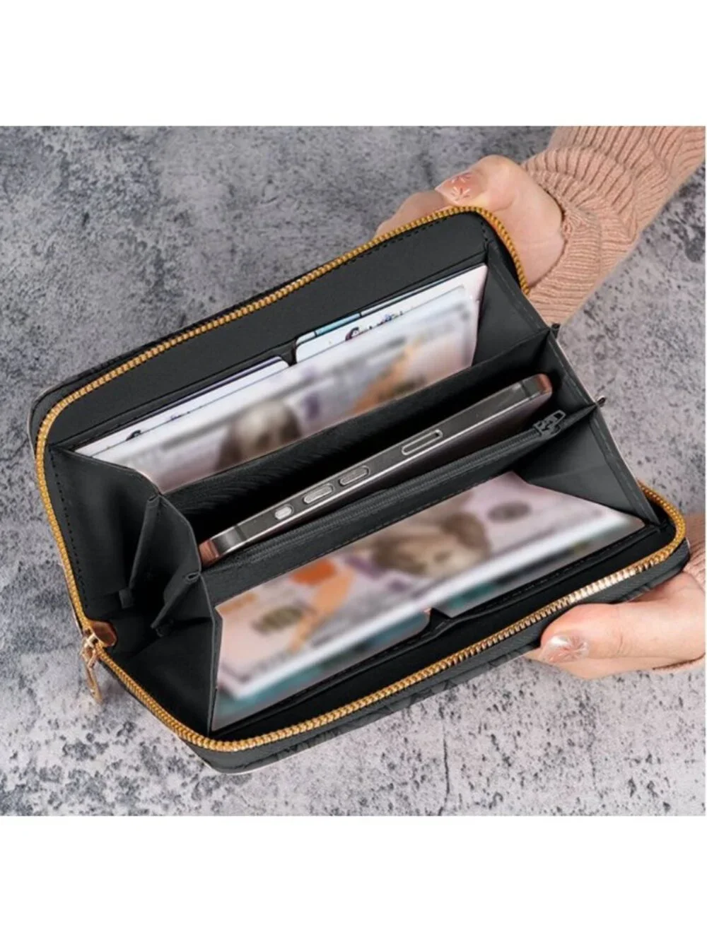 PU Leather Black Floral Embossed Wallet With Wristlet Strap Zipper Closure Multi